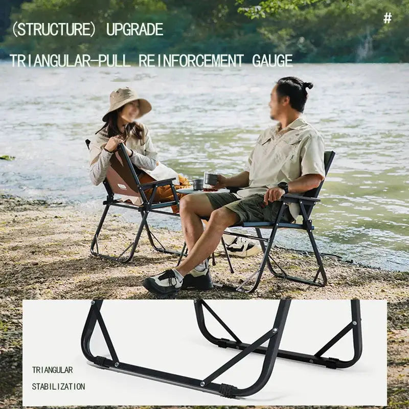BISINNA outdoor folding camping chairs, two with brown fabric seating and black frames by a lakeside picnic.