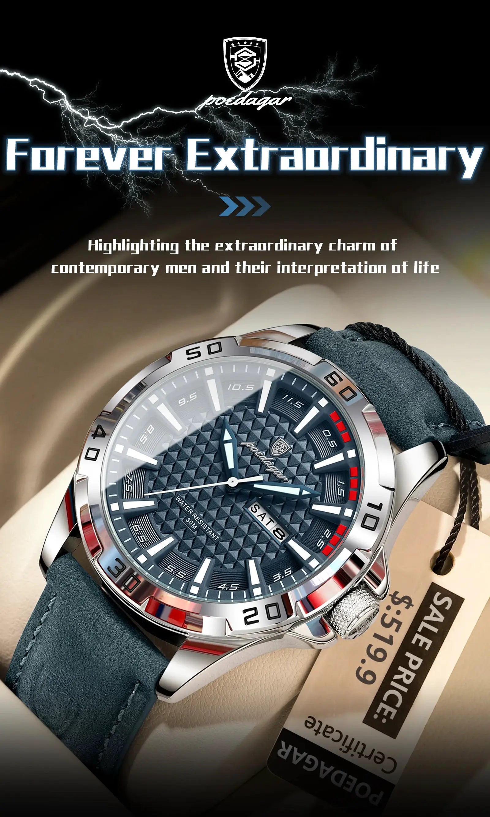 POEDAGAR men's wristwatch with blue textured dial, stainless steel case, blue leather strap