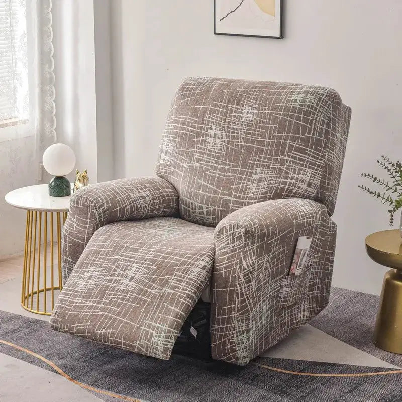 Simples Market stretch recliner chair cover in taupe with white linear pattern; fits 1/2/3-seat recliners.