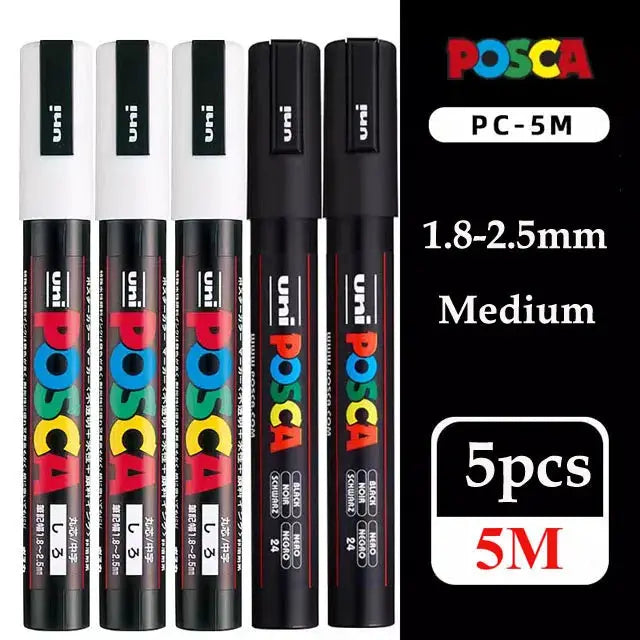 Uni POSCA paint marker pen set (5 pcs) PC-1M, PC-3M, PC-5M with colorful POSCA branding