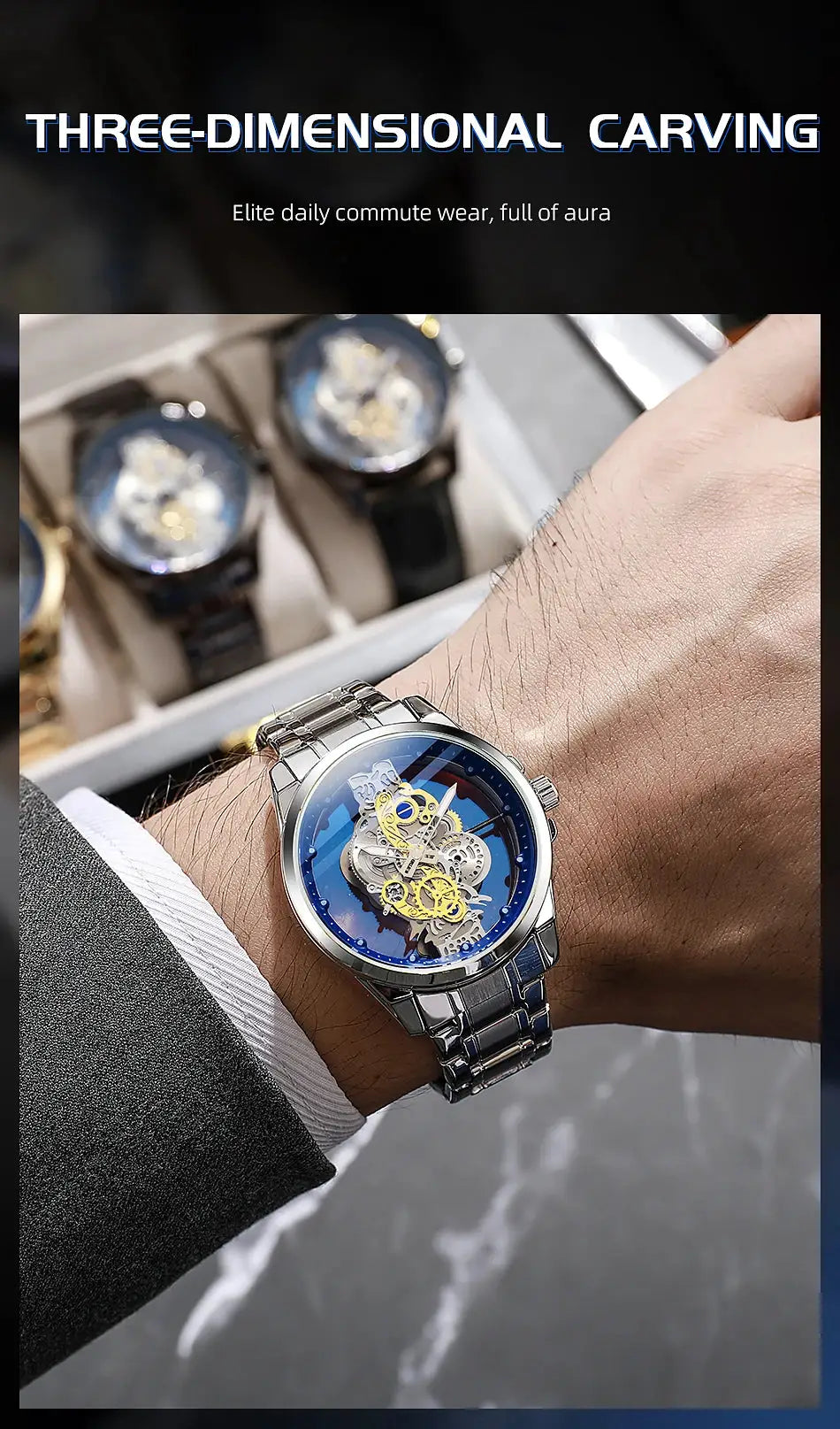 Men's skeleton wristwatch with blue dial and gold gears on a silver stainless steel bracelet