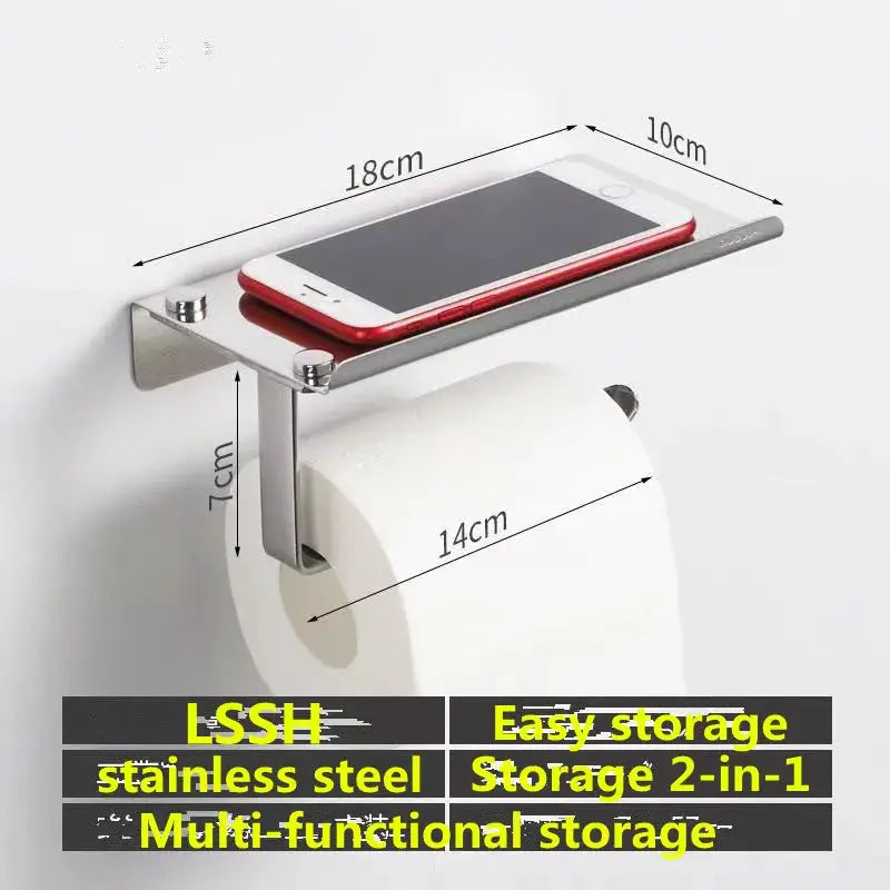 Simples Market stainless steel wall-mount toilet paper holder with top phone shelf, no-drill installation