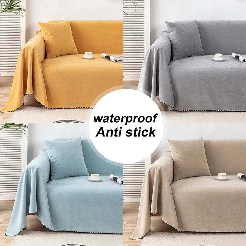 Waterproof sofa towel cover set in four colors (yellow, gray, blue, beige) with anti-slip backing for living room decor