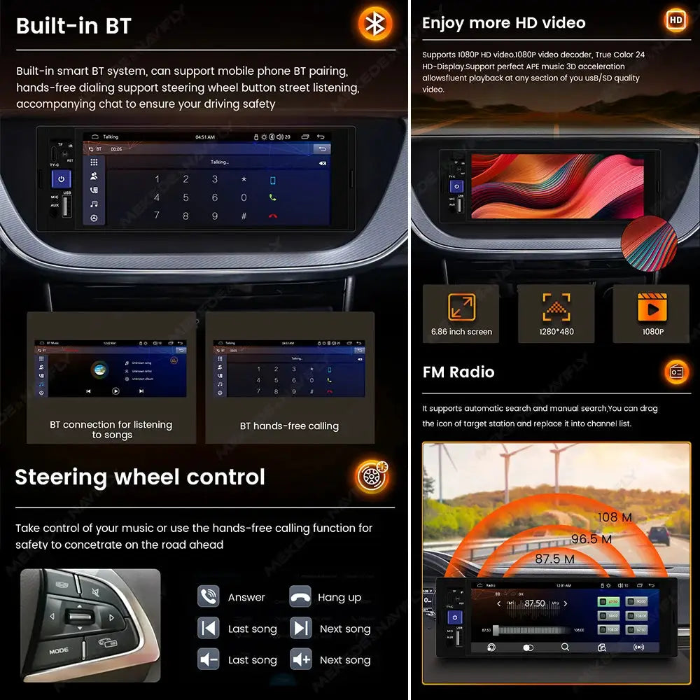 Simples Market 1DIN MP5 car radio with 6.86-inch touchscreen, Bluetooth, CarPlay/Android Auto
