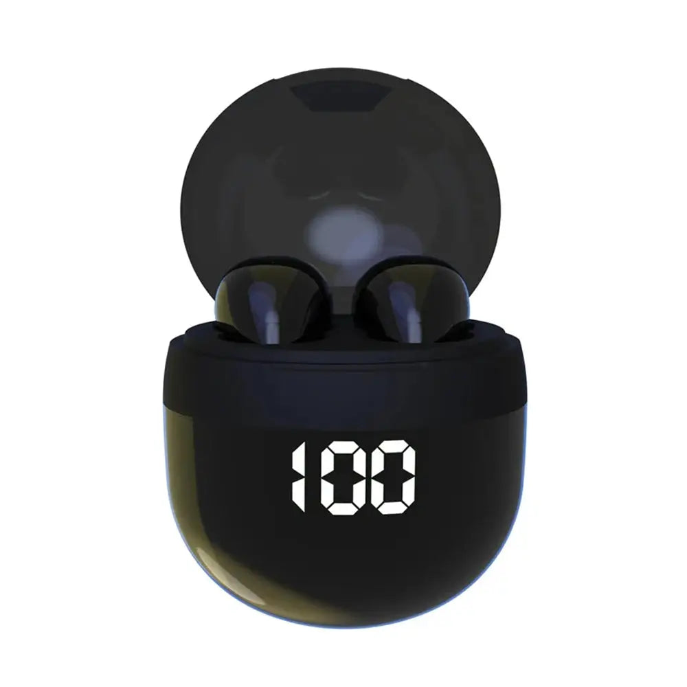 SK18 mini invisible wireless earbuds in black charging case with LED battery display, 2 earbuds
