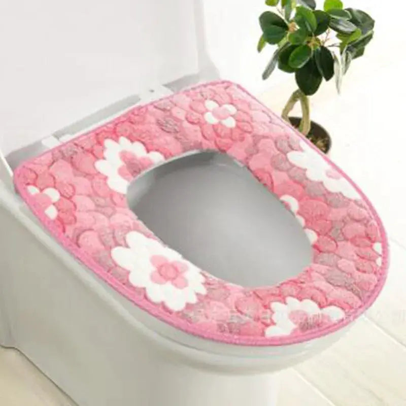 Plush pink floral toilet seat cushion with cutout, waterproof, universal fit.