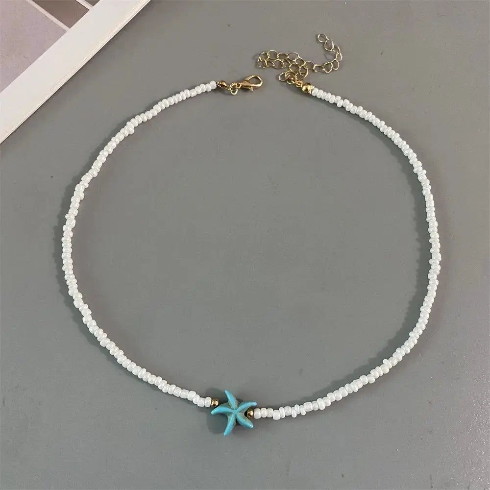 Shell Starfish Seed Beads Choker Necklace For Women Handmade Summer Vacation Gift White Jewelry
