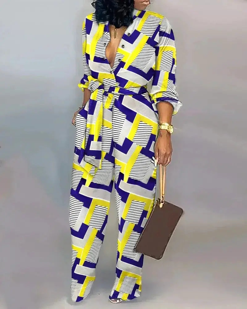 Womens letter-print long-sleeve belted jumpsuit in yellow purple white geometric pattern