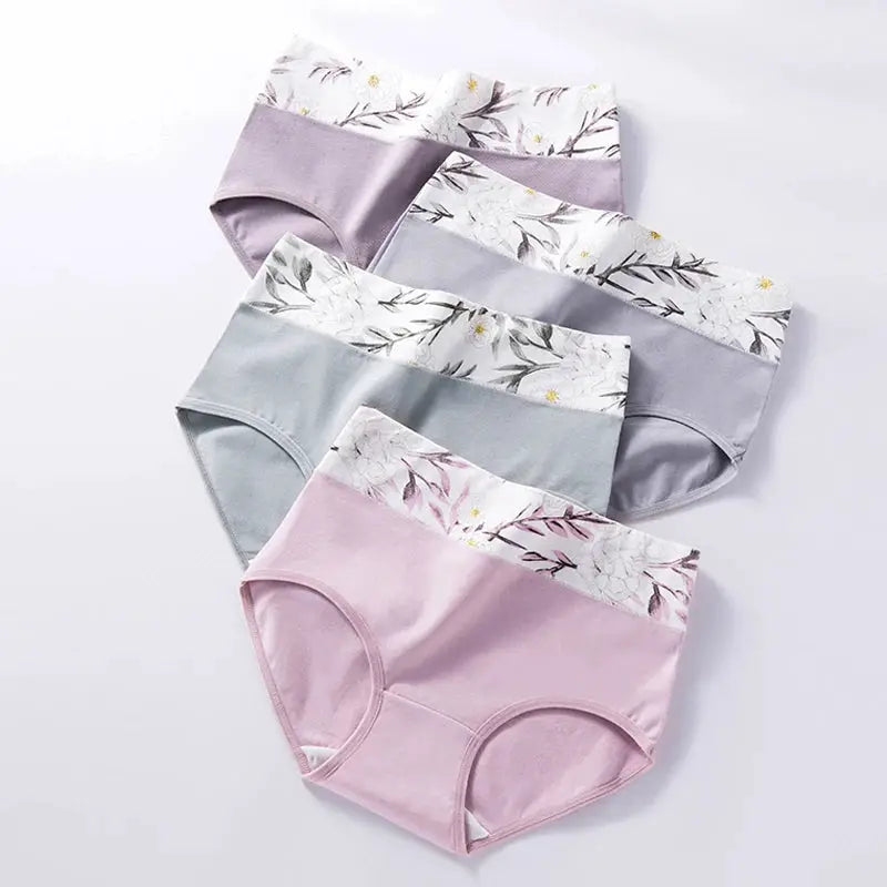 4Pcs cotton women's panties set, high-waist briefs with floral-print waistbands in pastel colors.