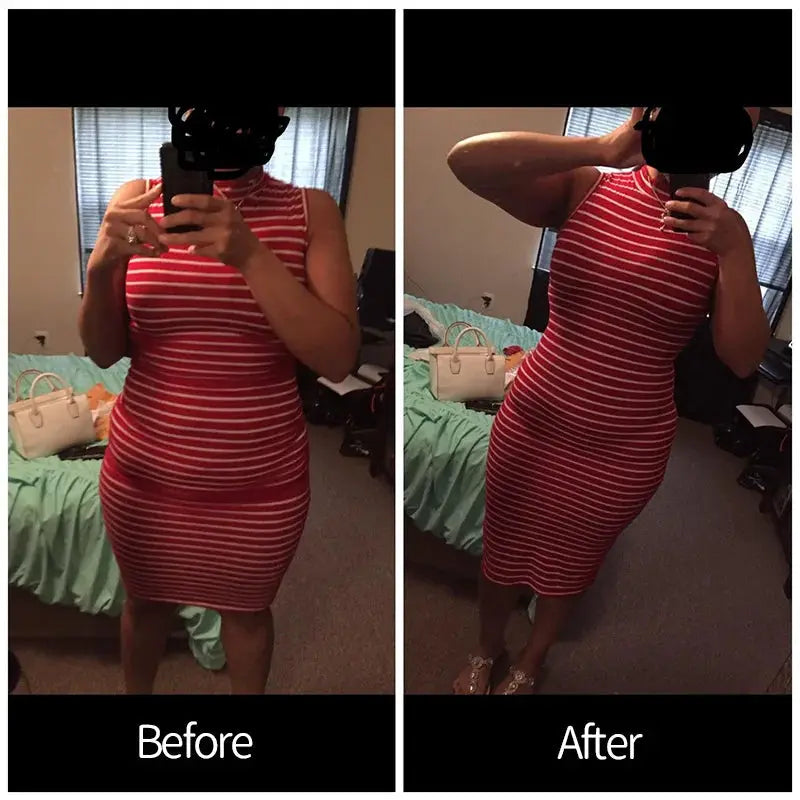 Two-panel view of seamless high-waist shapewear briefs; before and after under a red striped dress.