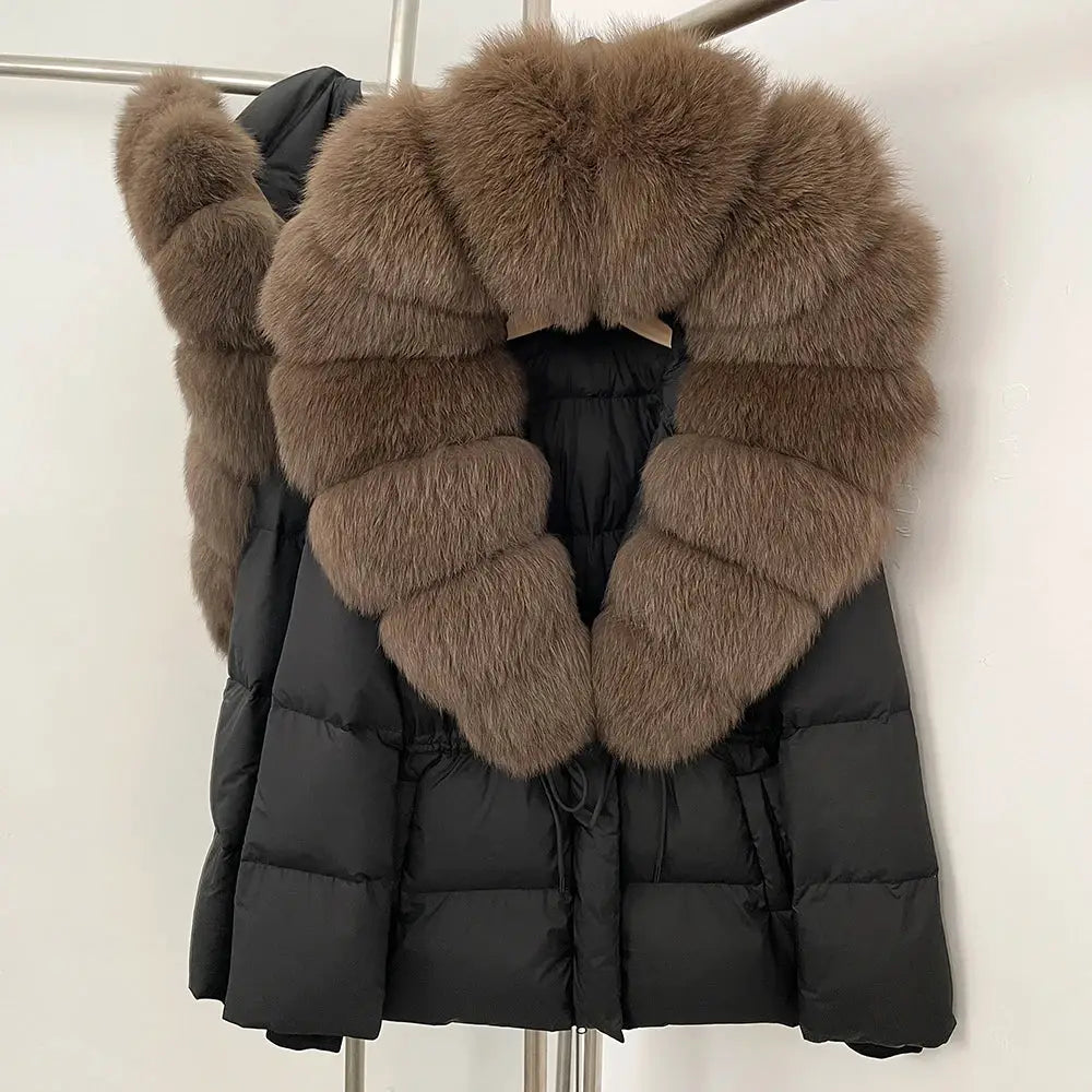 Womens Real Fox Fur Collar Duck Down Coat With Raccoon Fur Trim Hooded Puffer Jacket