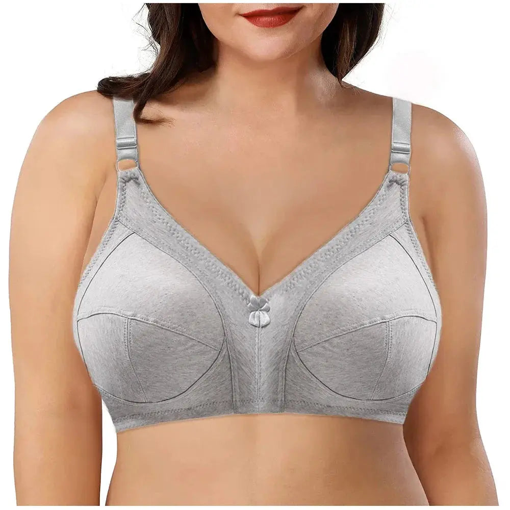 Large-size bra by Simples Market, gray seamless full-cup with adjustable straps and center bow
