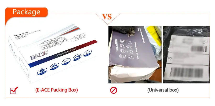Simples Market E-ACE Solar Power TPMS tire pressure monitor system packaging: E-ACE packing box vs universal box