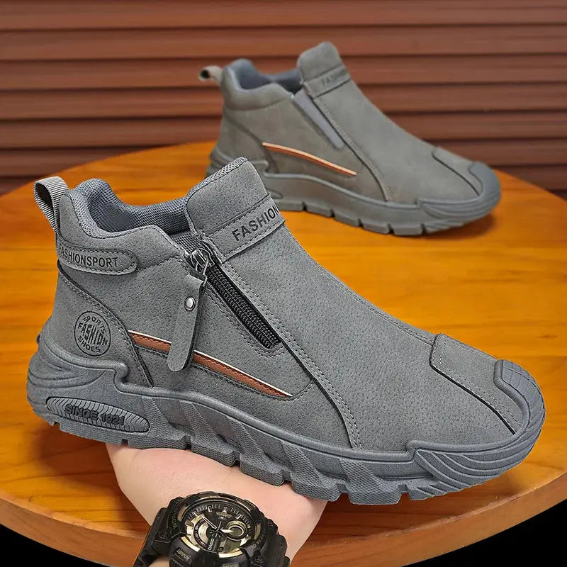 Men's gray hiking sneakers with side zipper, rugged sole, and pull-tabs (2 shown)