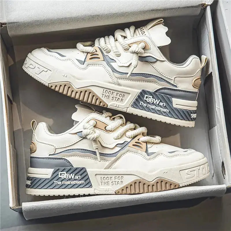 Men's trendy skate shoes in cream with gray and tan accents, lace-up sneakers with a chunky non-slip sole