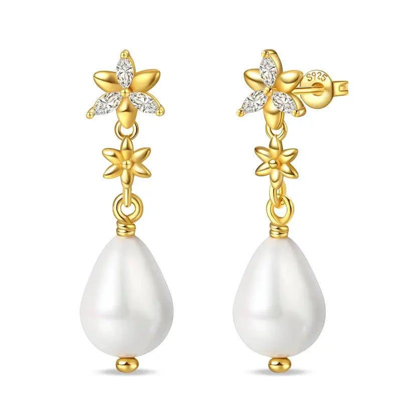 Pair of gold-tone floral drop earrings with pearl teardrops, crystal petals, 925 silver backs.