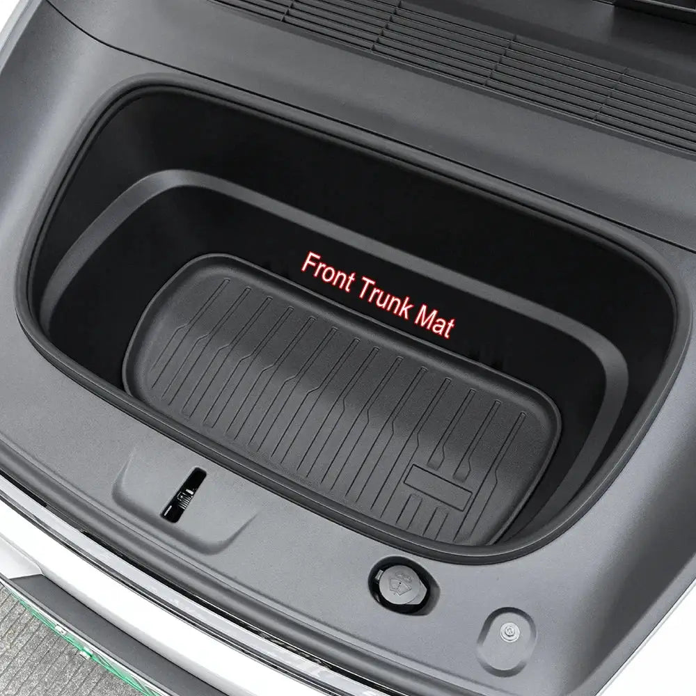 Simples Market Front Trunk Mat for 2025–2026 Tesla Model Y frunk; black all-weather cargo liner with grooved surface