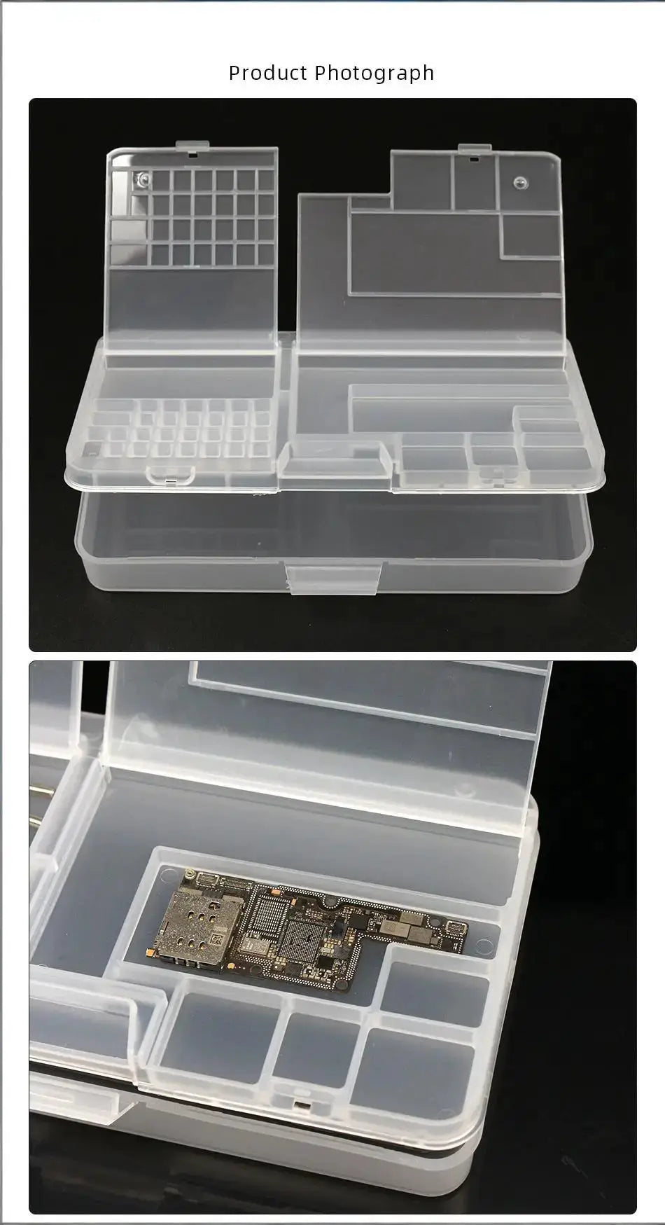 Clear PVC double-layer phone repair storage box, large-capacity 185x93x35mm, with multiple compartments.