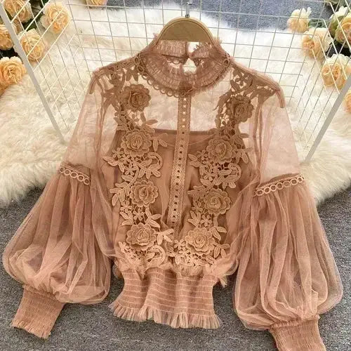 Lace puff long-sleeve blouse in blush pink with floral appliqué and sheer sleeves