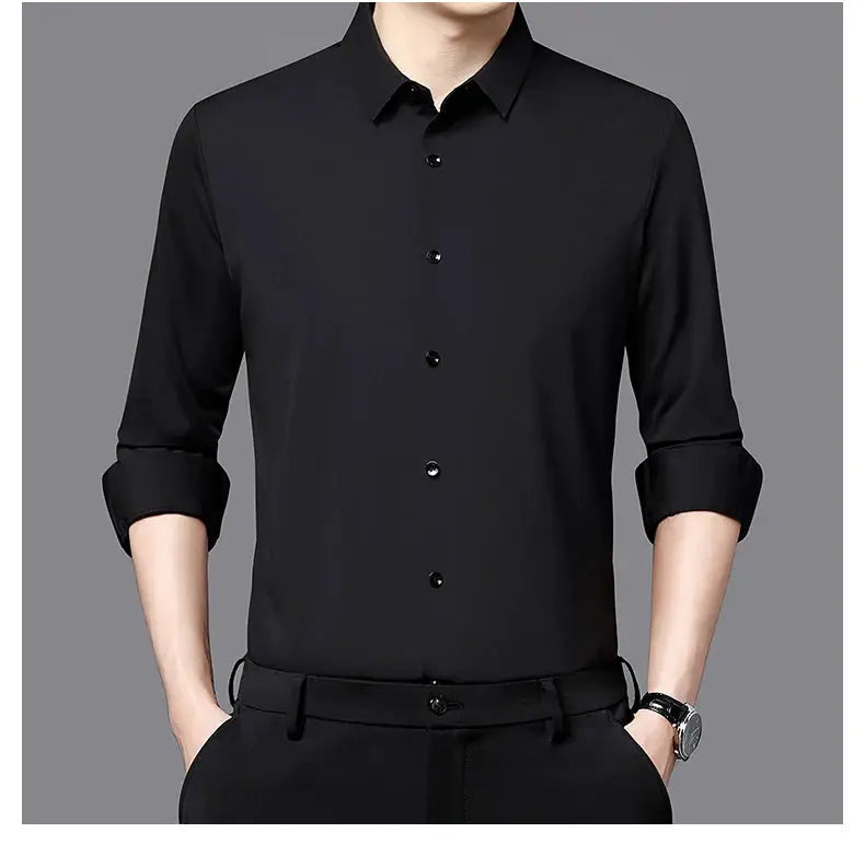 Premium Men's Ultra-Stretch Shirt by Simples Market, black silky long-sleeve formal shirt