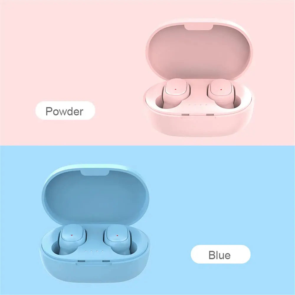 Simples Market A6S wireless Bluetooth earphones in powder pink and blue charging cases.