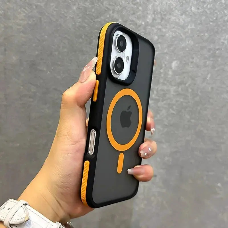 Simples Market MagSafe phone case with orange ring and wrist strap on a matte black cover for iPhone 16/15/14/17 Pro Max.