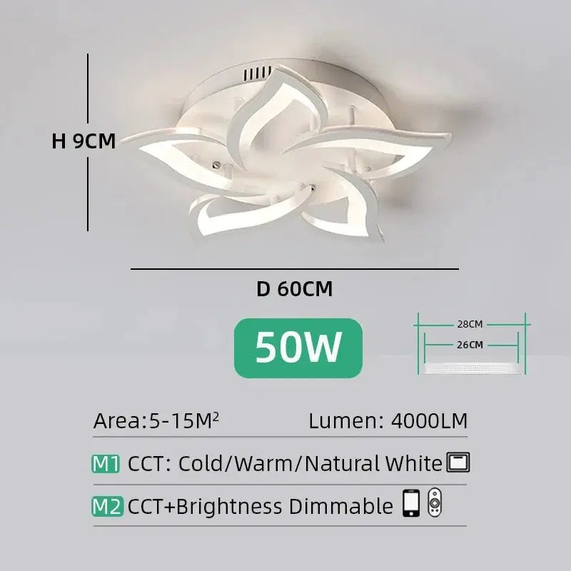 Nordic flower ceiling pendant lamp with white LED petals, 60 cm diameter, 9 cm height.