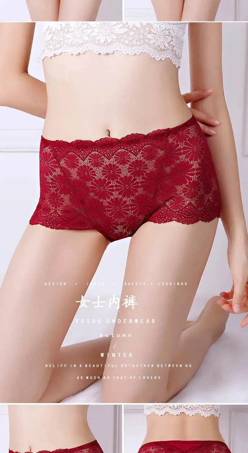 High-waisted lace panties for women, red floral pattern