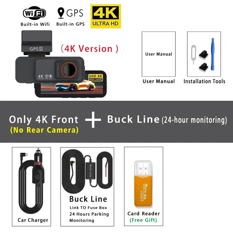 Dash Cam Dual Lens 4K UHD GPS/Wi-Fi, front-only; no rear cam; includes car charger, Buck Line cable, USB card reader