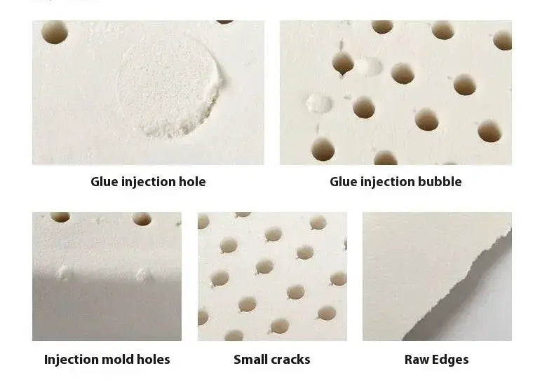 SRETNO natural latex cushion by Simples Market showing glue injection holes, bubbles, mold holes, cracks, raw edges.
