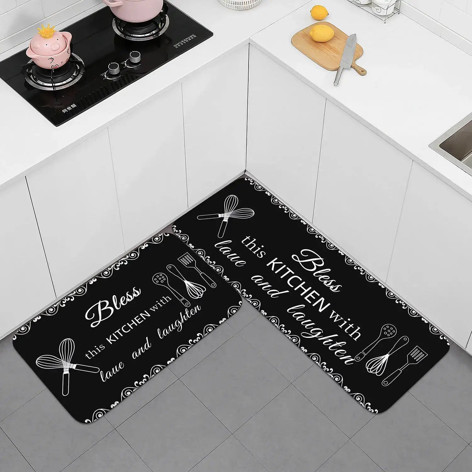 2-piece black multi-purpose sponge water-absorption mats for kitchen and bathroom; anti-skid, machine washable