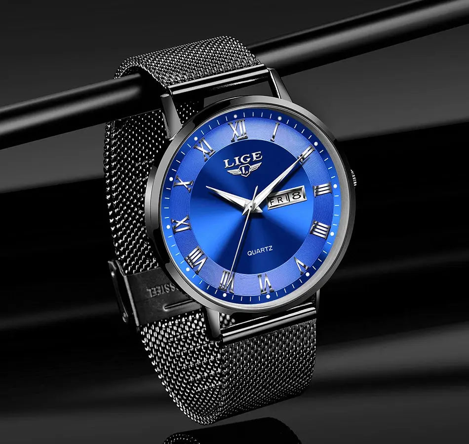 LIGE women's watch with blue dial, stainless steel mesh bracelet, Roman numeral markers, date window