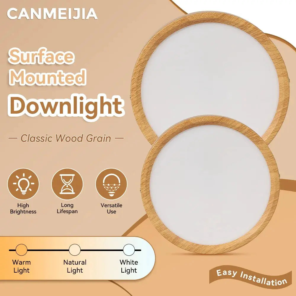 GX53 wooden ceiling lamp by CANMEIJA; two round wood-grain LED surface-mounted downlights for indoor rooms.