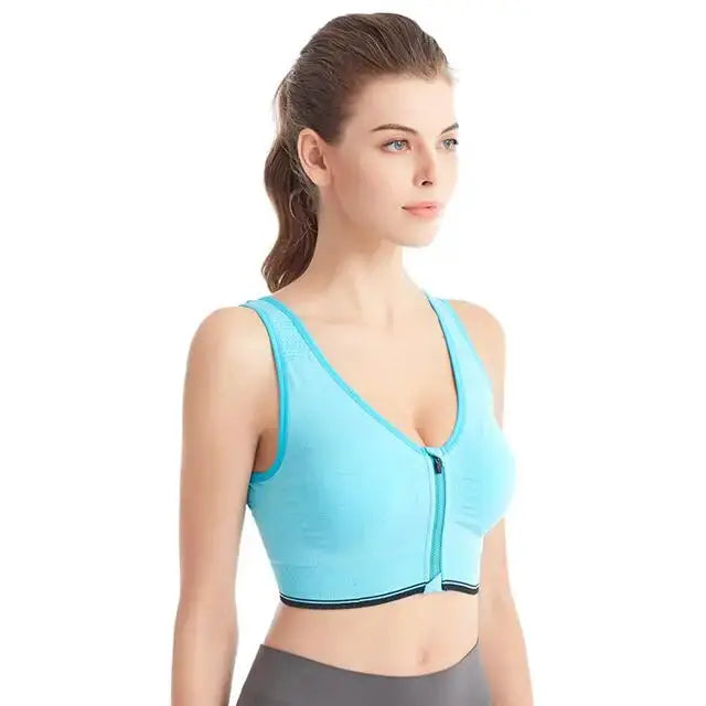 Running fitness sports bra by Simples Market, light blue front-zip seamless breathable