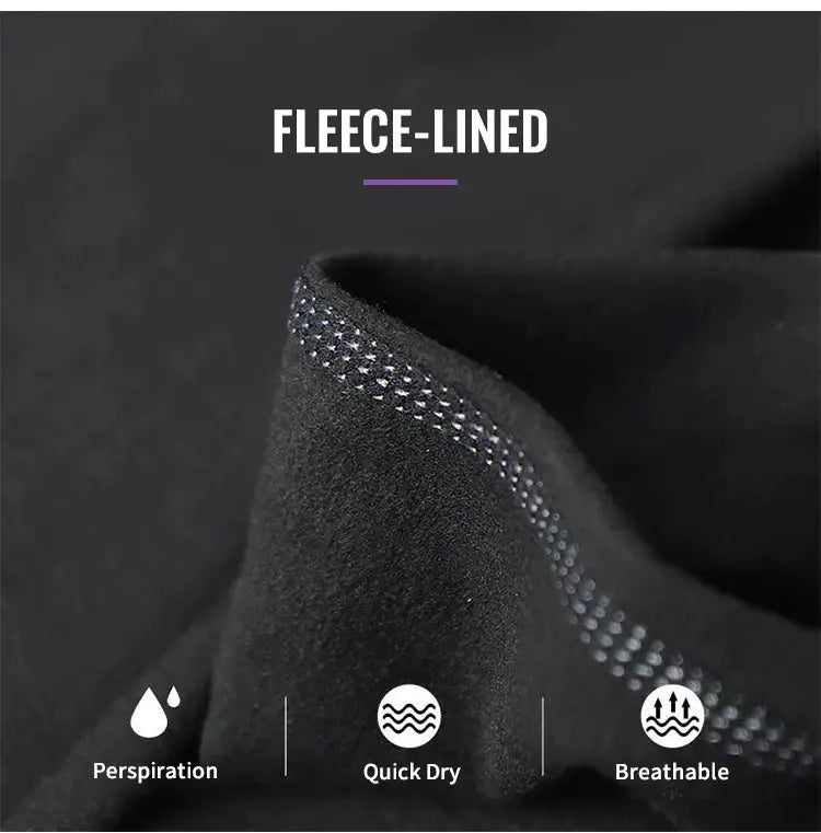 Black fleece-lined men's compression tights; polyester, quick-dry and breathable.