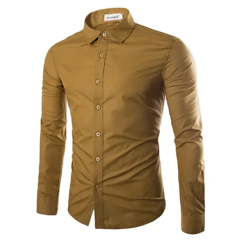 Men's tan solid-color long-sleeve shirt with button-front, Bluefrog label