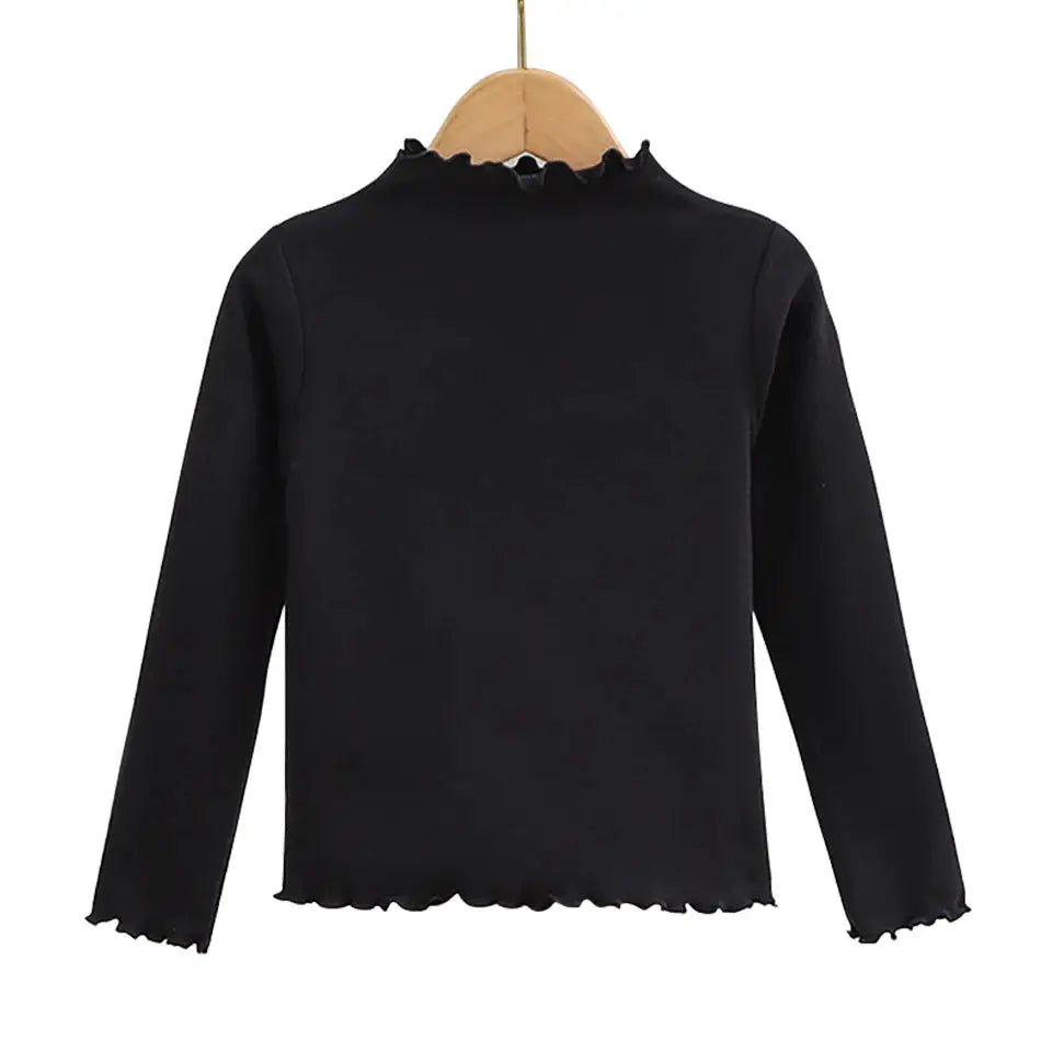 Autumn Winter Girls Long Sleeve Solid Color T Shirt With Ruffle Collar Fashionable Comfortable Everyday Wear