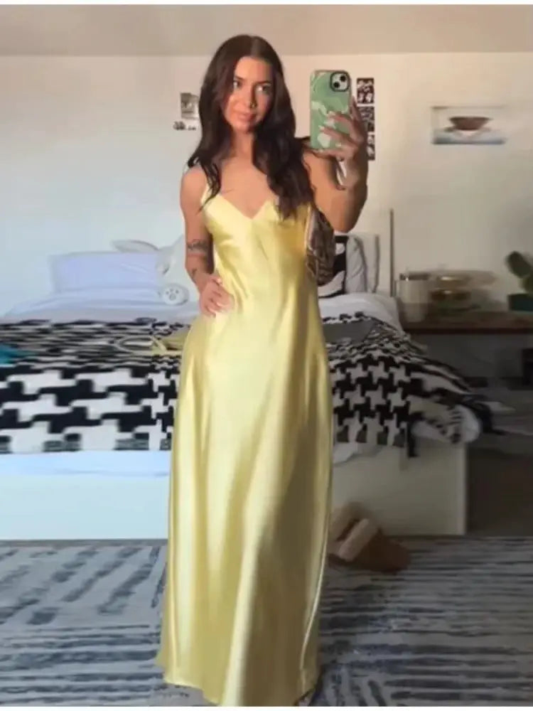 HH Women Summer Yellow V Neck Sling Dress Lightweight Sleeveless Maxi For Effortless Elegance