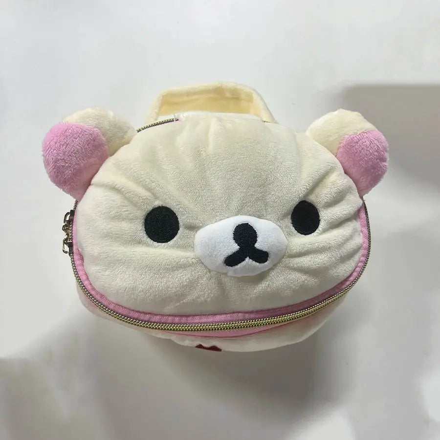 Cute Plush Bear Elliptical Makeup Bag For Travel Portable Cosmetic Case With Handy Handle