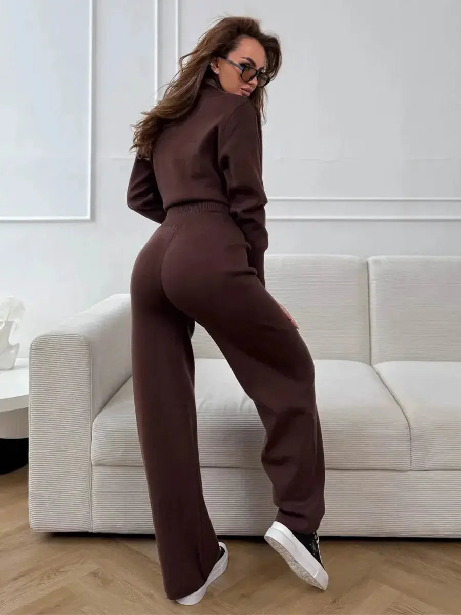 Bornladies Knit Zip Up Cropped Cardigan With Wide Leg Pants Set Women