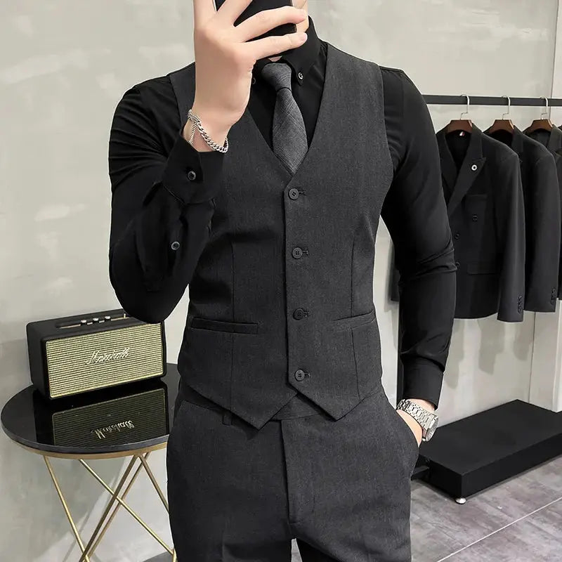 Dark grey men's waistcoat set by Simples Market with matching trousers, black shirt and tie.