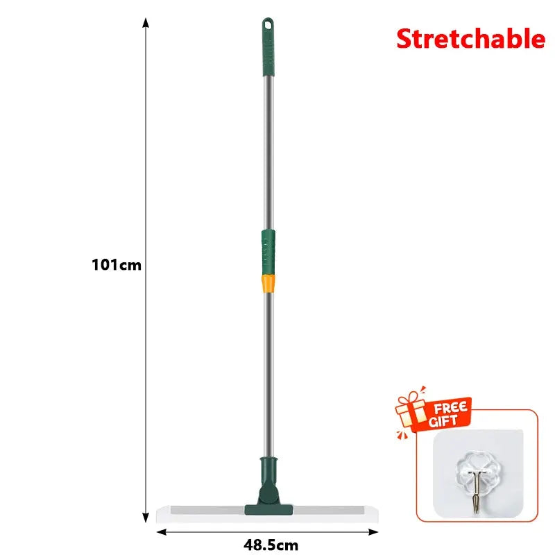 Simples Market long-handle telescopic cleaning broom with green grips and yellow adjustment ring, 101 cm tall, 48.5 cm wide