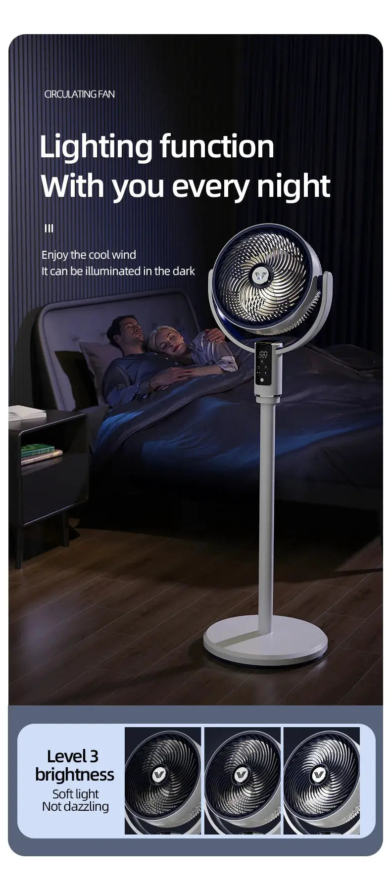 Simples Market floor standing fan with remote, white pedestal, rechargeable DC 12V, 9000mAh battery and circular grille