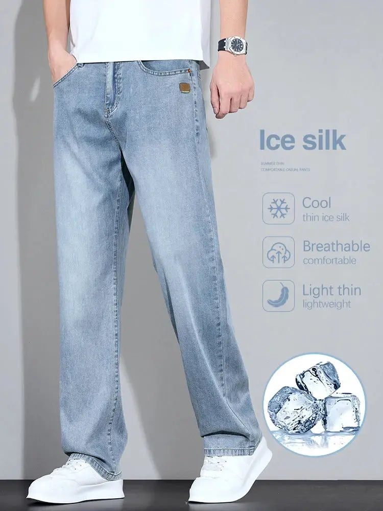 Lyocell Ice Silk Jeans, light blue denim pants with a straight leg for casual business wear