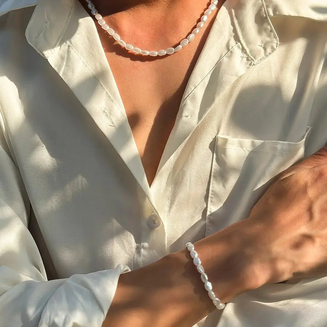 Boho Handmade Imitation Pearl Necklace And Bracelet Set For Men Unisex Vintage Clavicle Chain Steampunk Style