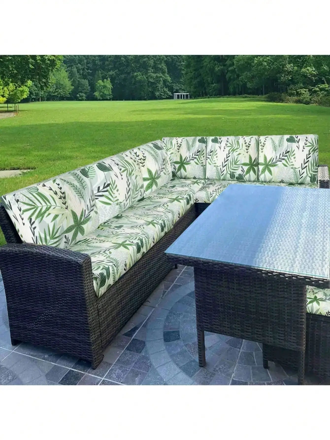 Outdoor tropical print sofa cushion covers with non-slip backing on wicker outdoor sectional