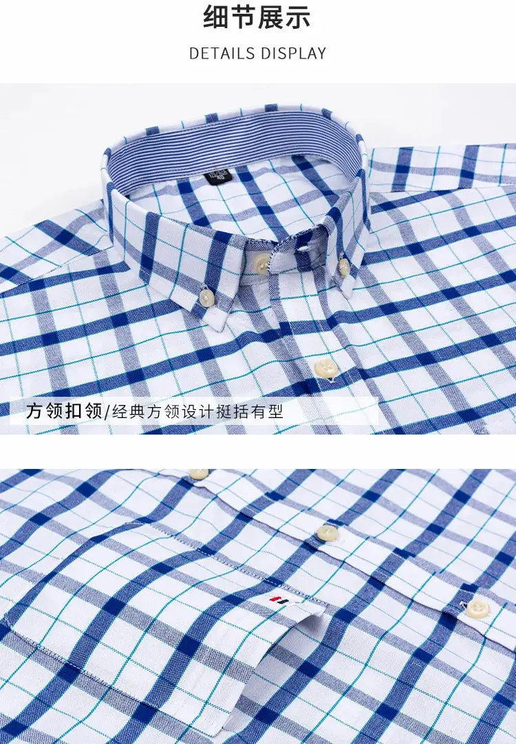 Men's short-sleeve blue and white plaid cotton Oxford shirt with button-down collar and chest pocket.