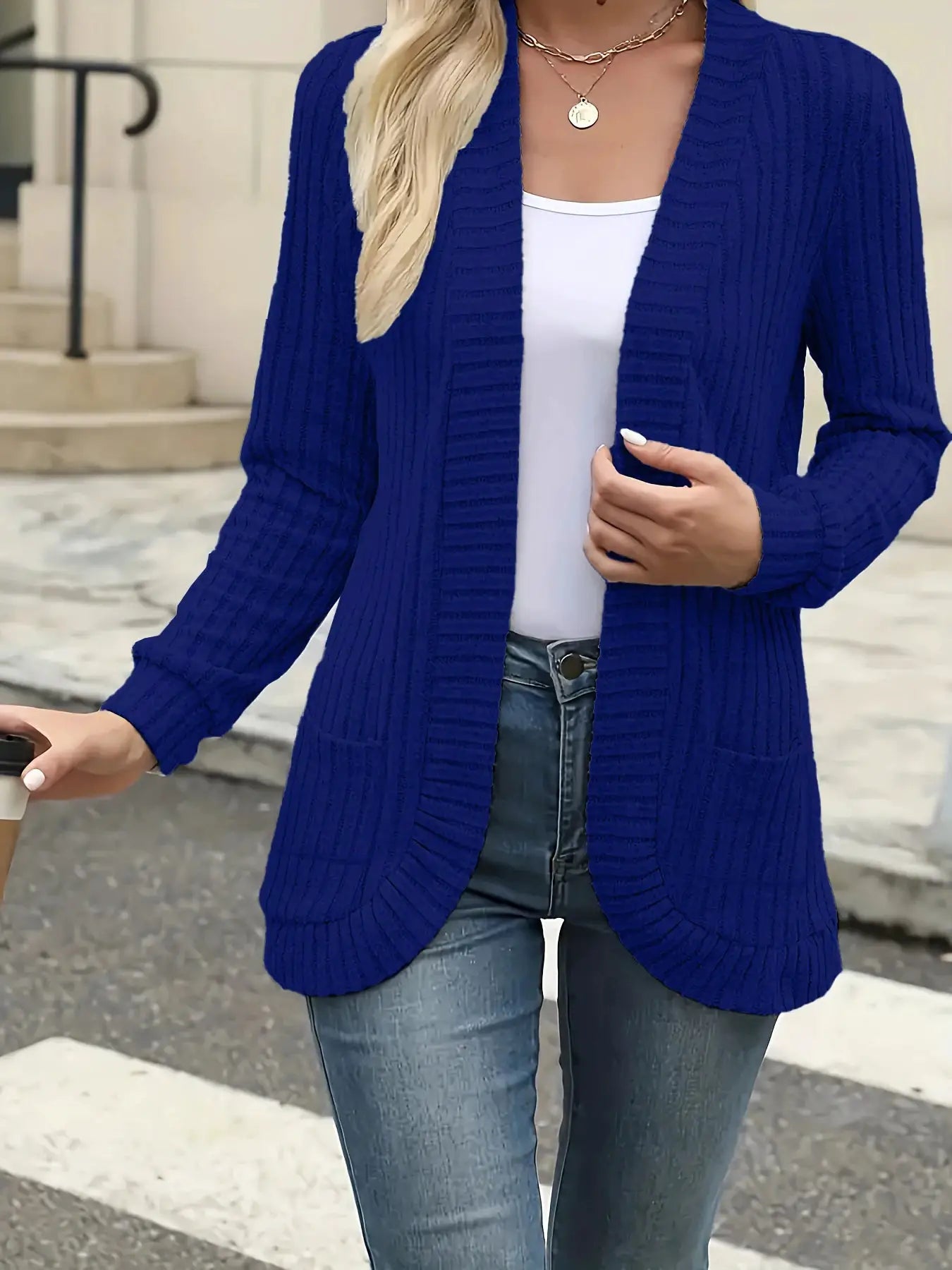 StyleNest Solid Color Brushed Pinstripe Cardigan Jacket For Women With Cozy Warmth And High Stretch Knit