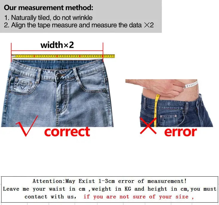 Men's denim jeans blue straight-stretch work trousers waist-width measurement guide