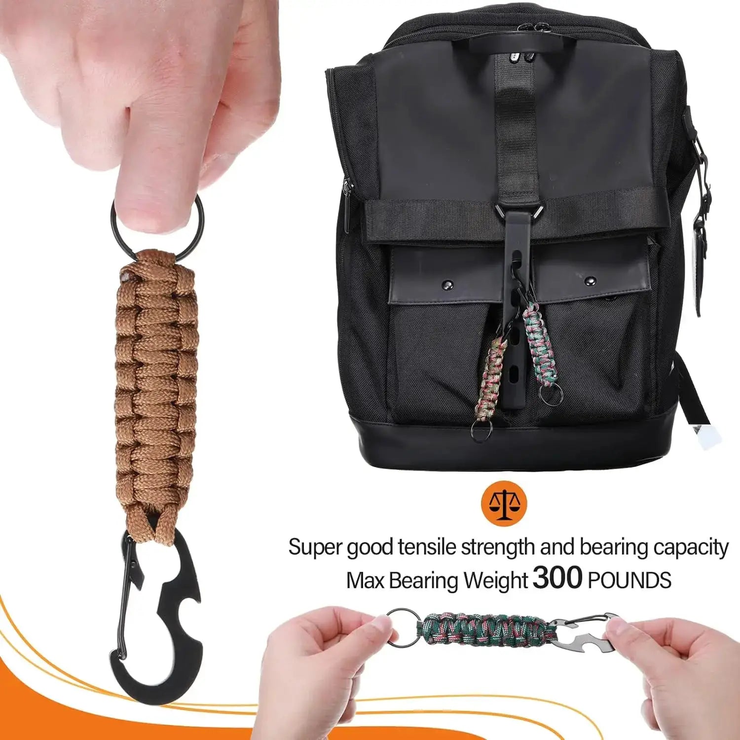 Paracord keychain braided brown rope with metal ring, carabiner and bottle opener
